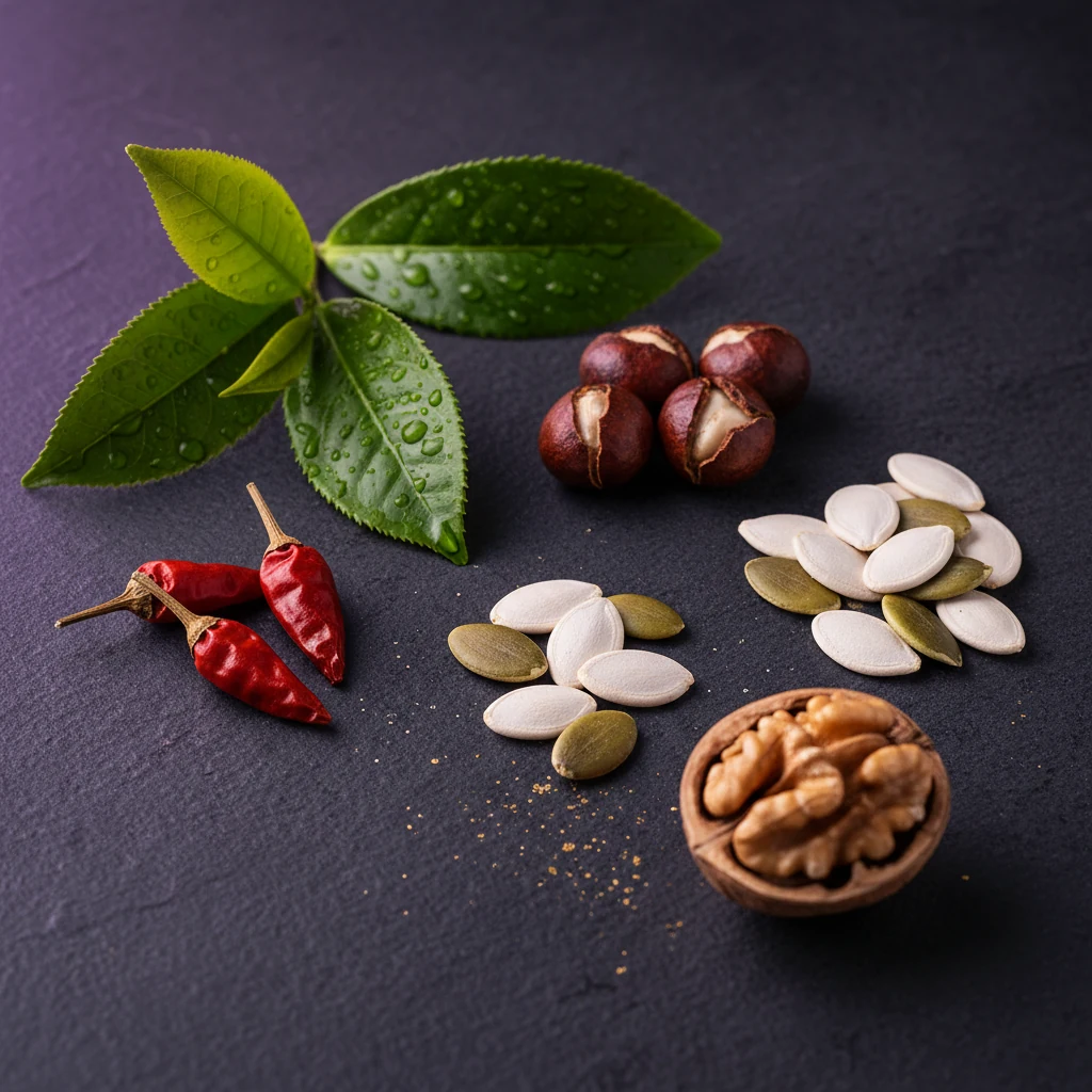 Botanische ingrediënten voor voedingssupplement met groene thee en guaraná - macro opname
