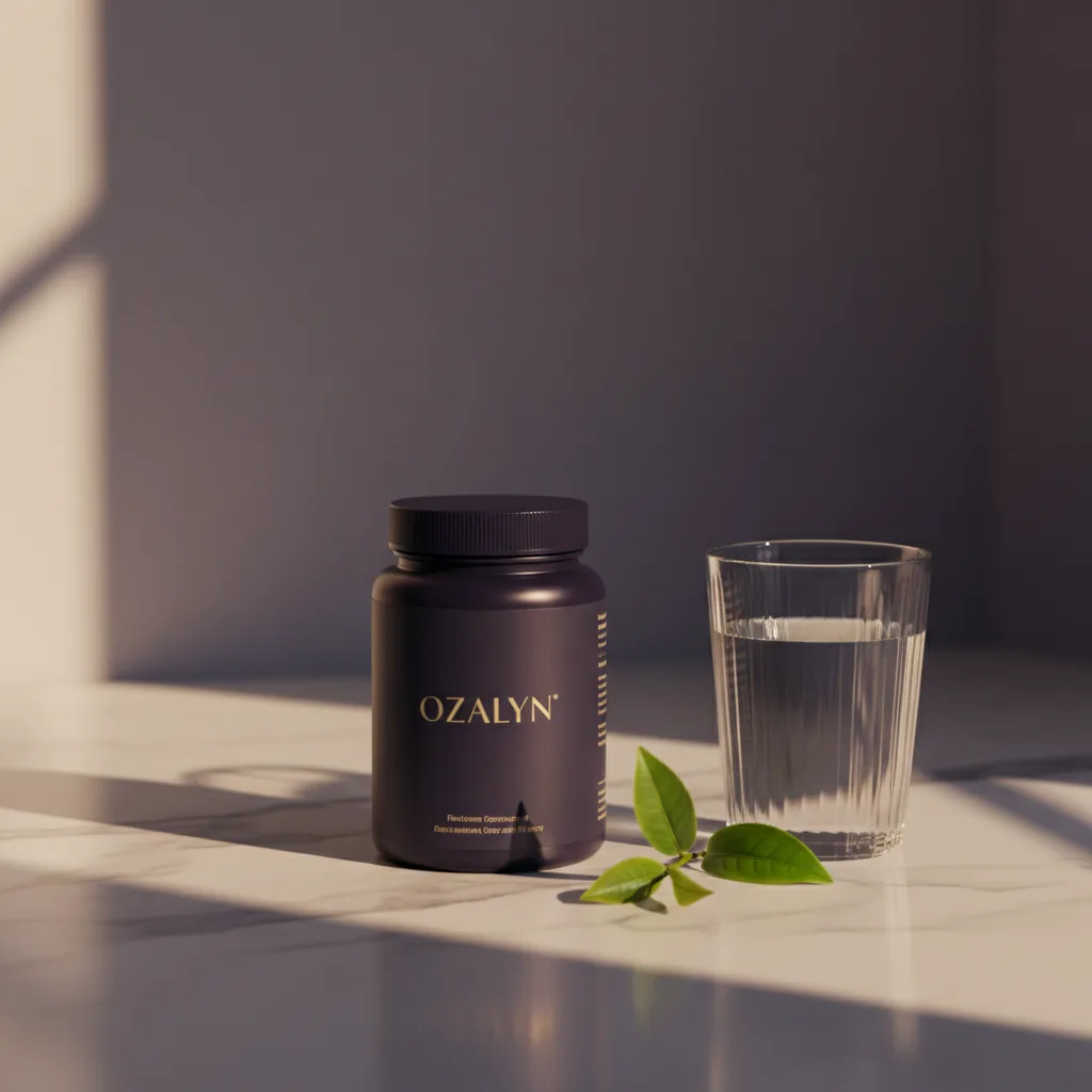 Ozalyn supplement pot in lifestyle opstelling met glas water en groene thee