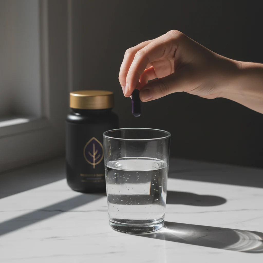 Anonieme handen met Ozalyn capsule en glas water - dagelijkse supplement routine